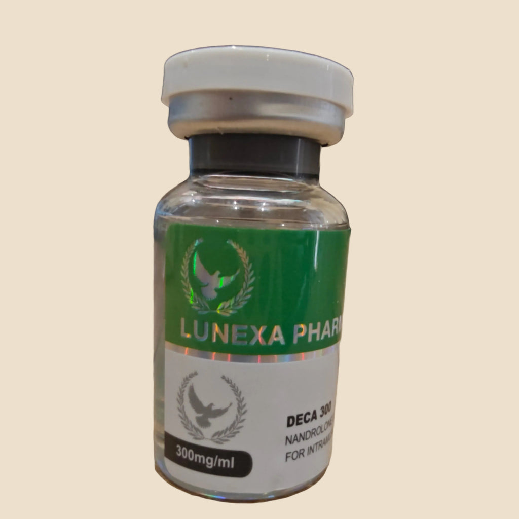Vial with 'Lunexa Pharma' label on a wooden surface