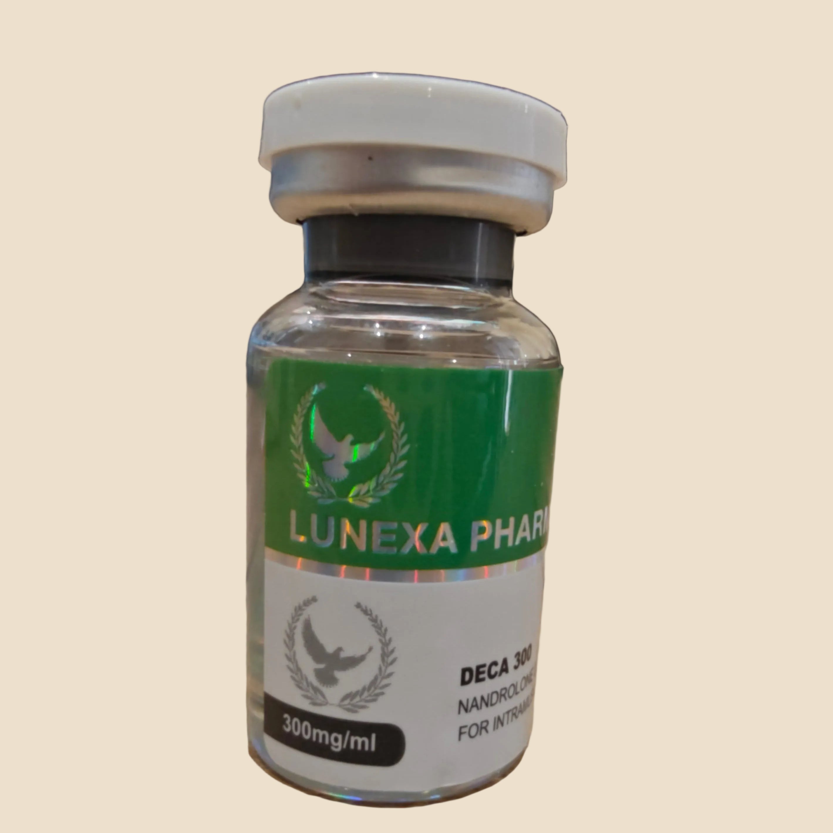 Vial with 'Lunexa Pharma' label on a wooden surface