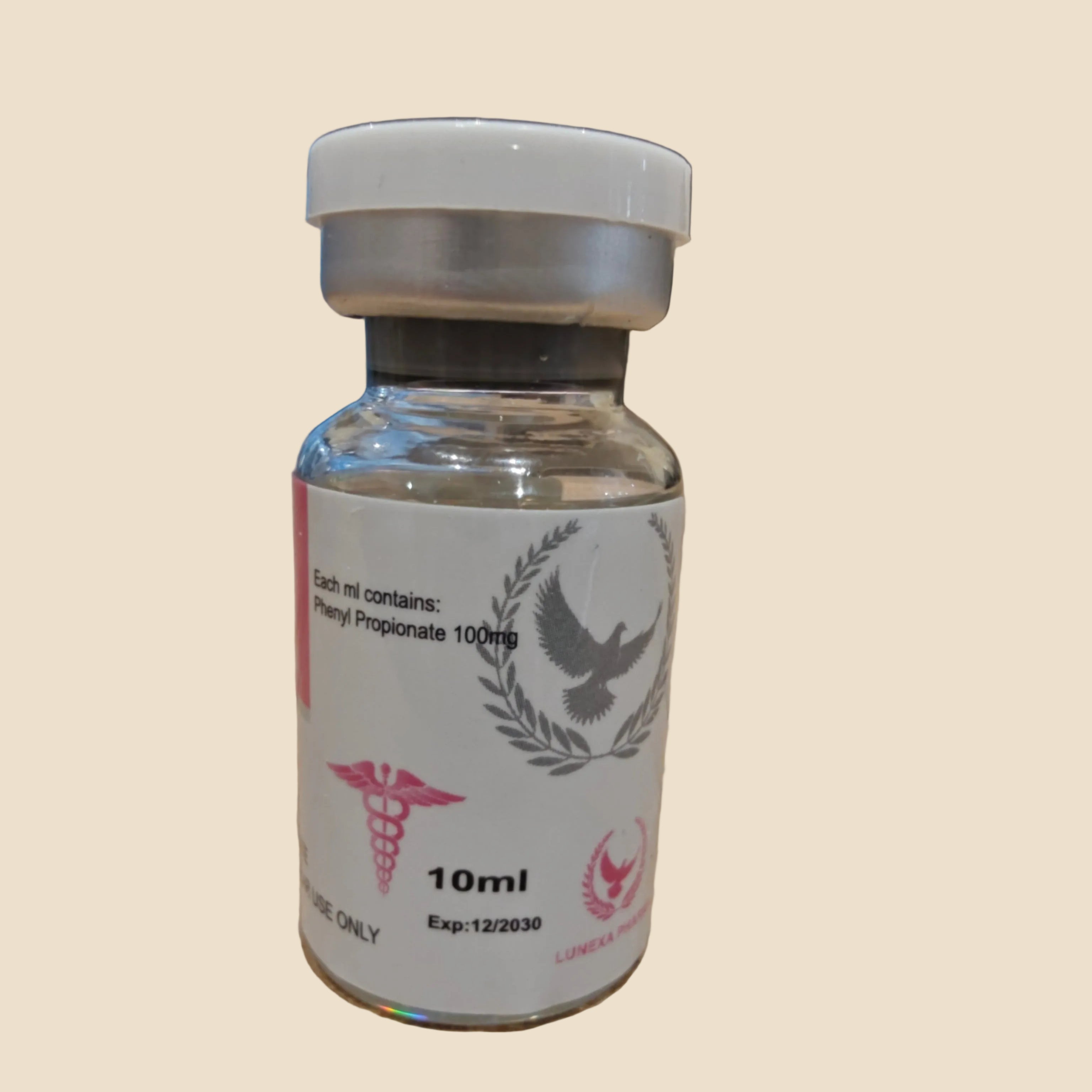 Vial with medical label on a wooden surface