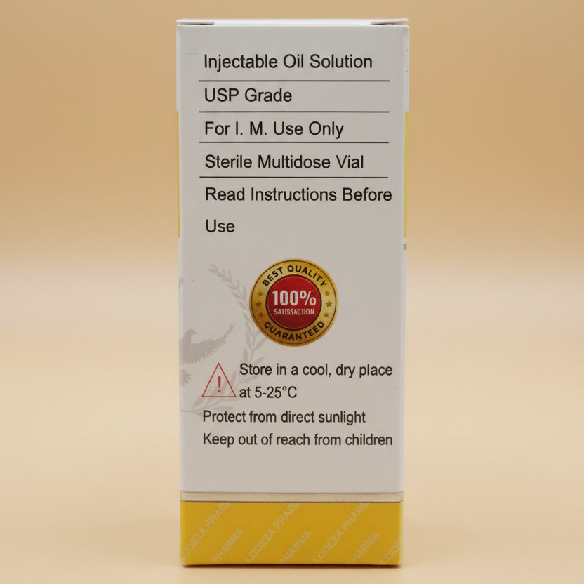 Box of Injectable Oil Solution with text and a gold seal on a wooden surface