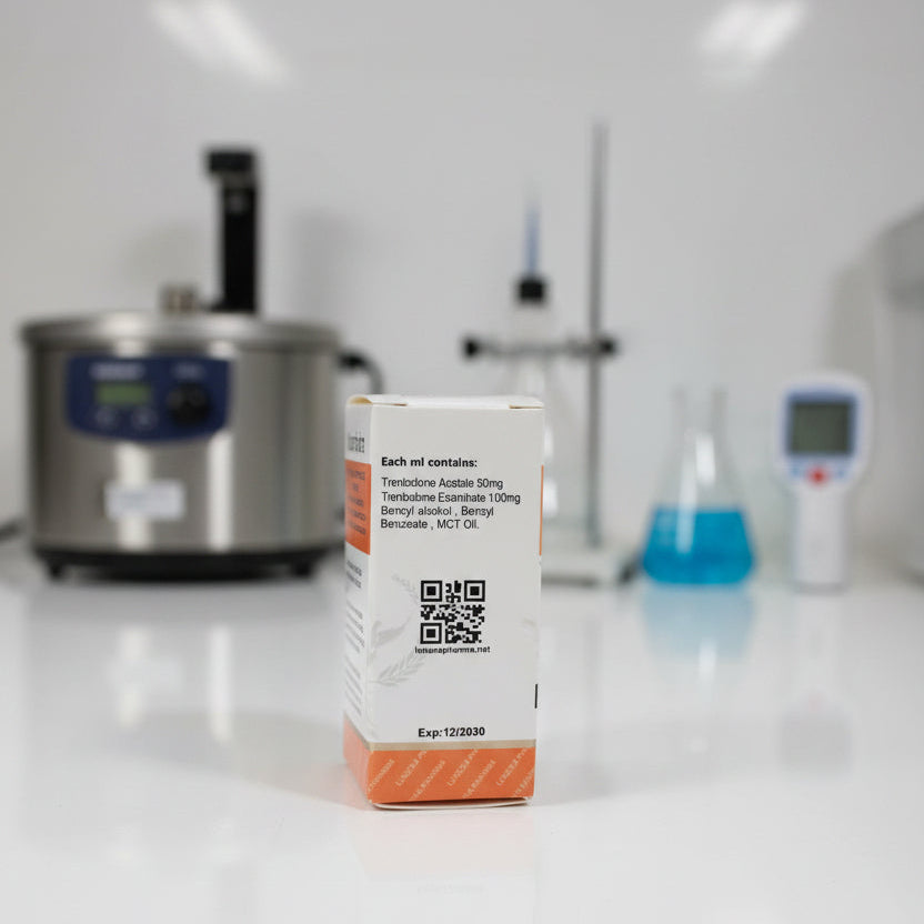 Small box with a QR code on a white surface with laboratory equipment in the background