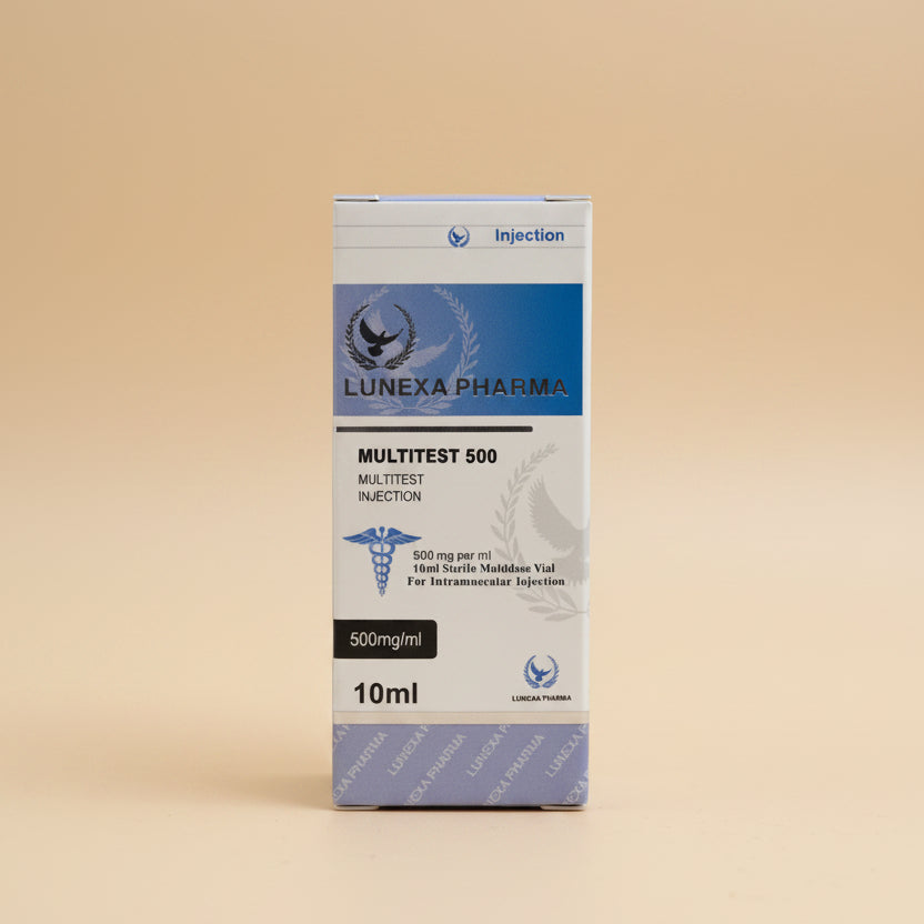 Lumexa Pharma Multitest 500 injection packaging on a wooden surface