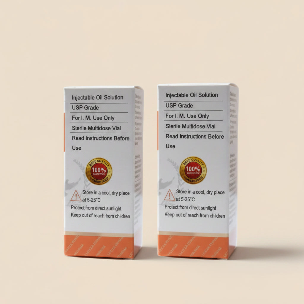 Box of injectable oil solution on a white background