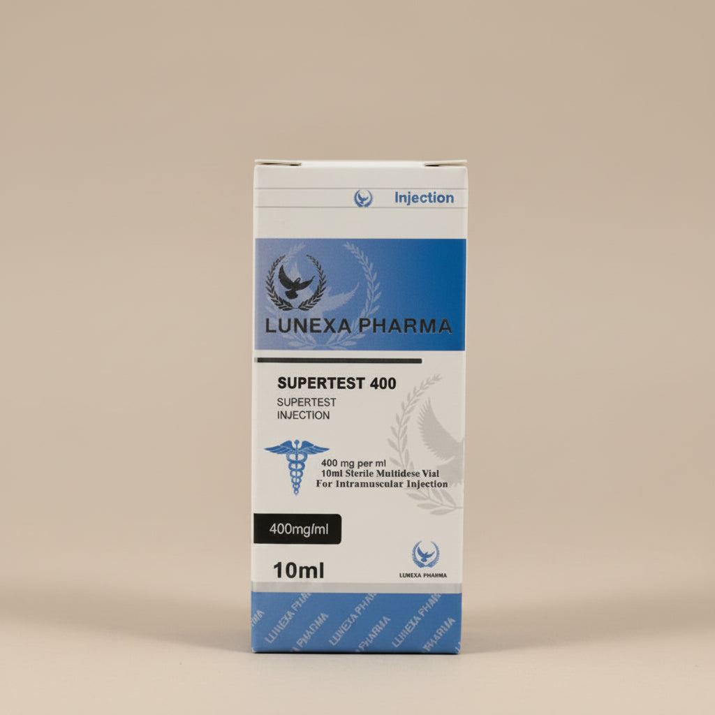 Lunexa Pharma Supertest 400 injection packaging on a wooden surface