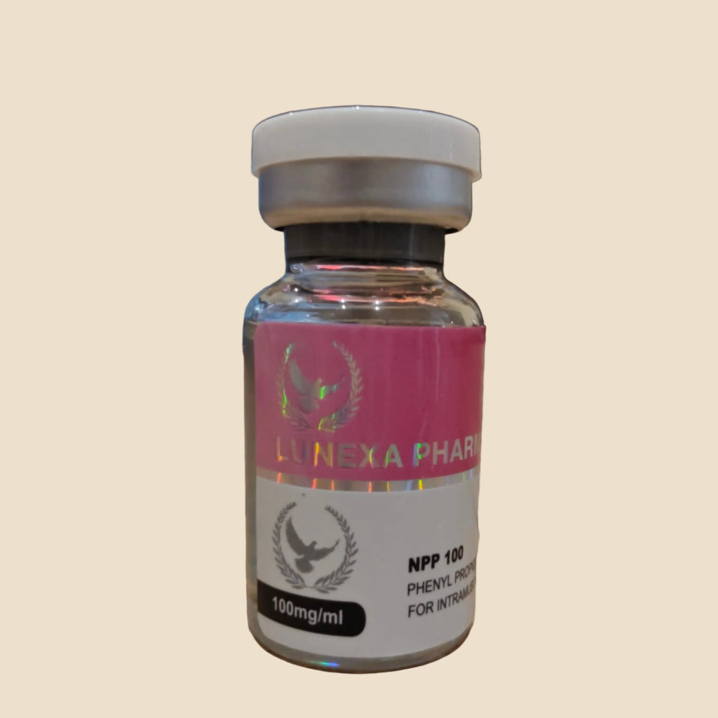 Vial labeled 'Lynexa Pharma' on a wooden surface with a blurred background