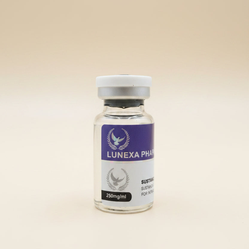 Vial labeled 'Lunexa Pharma' on a wooden surface with a blurred background