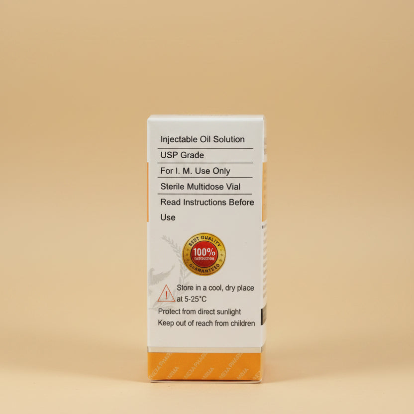 Box of Injectable Oil Solution with text and a gold seal on a wooden surface