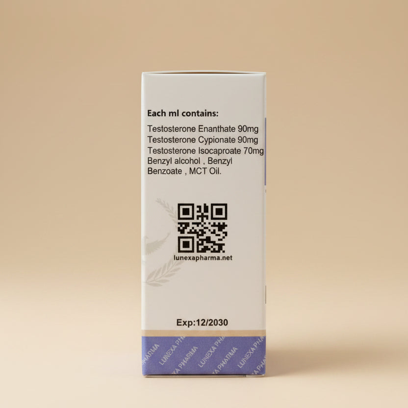 Box with medical ingredients list and QR code on a wooden surface