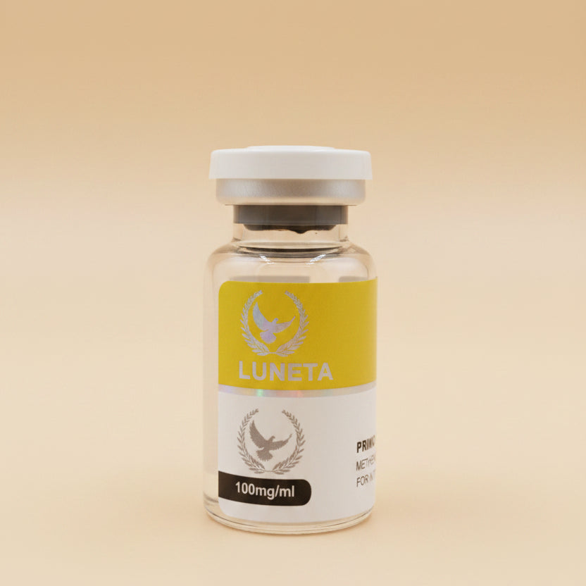 Vial labeled 'Lunexa' on a wooden surface with a blurred background