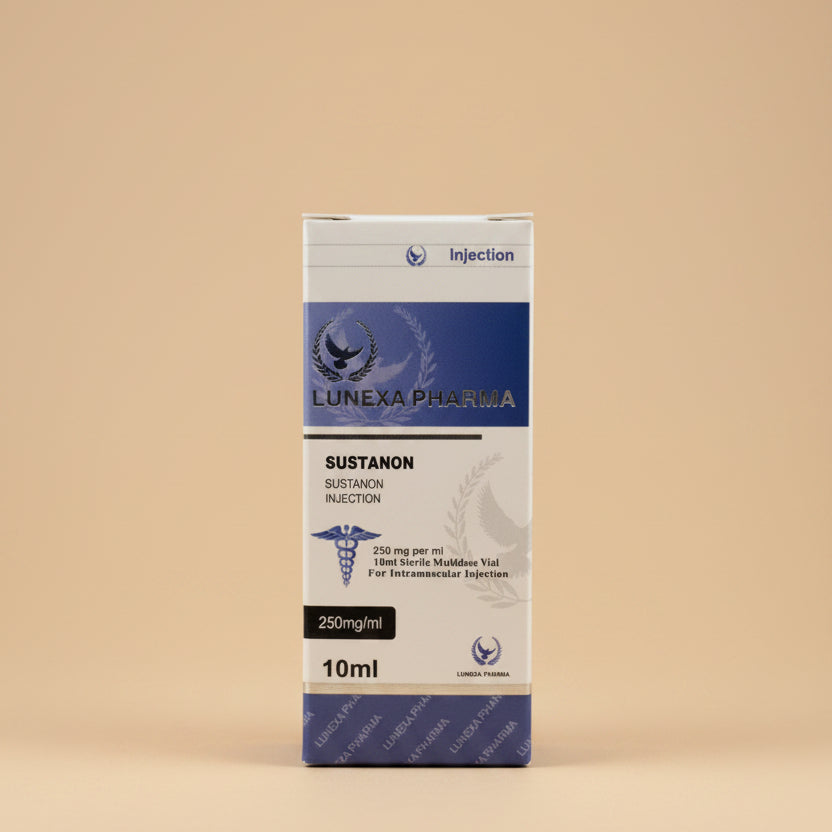 Lumexa Pharma Sustanon injection packaging on a wooden surface