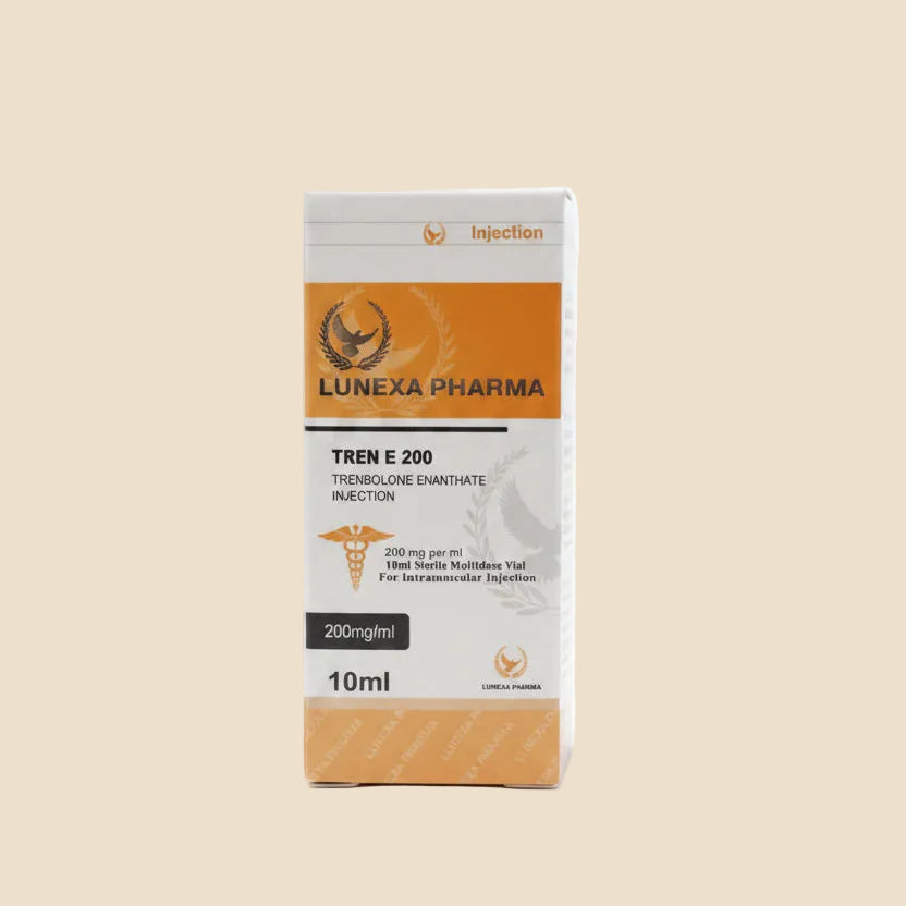 Lunexa Pharma TREN E 200 injection packaging on a beige background