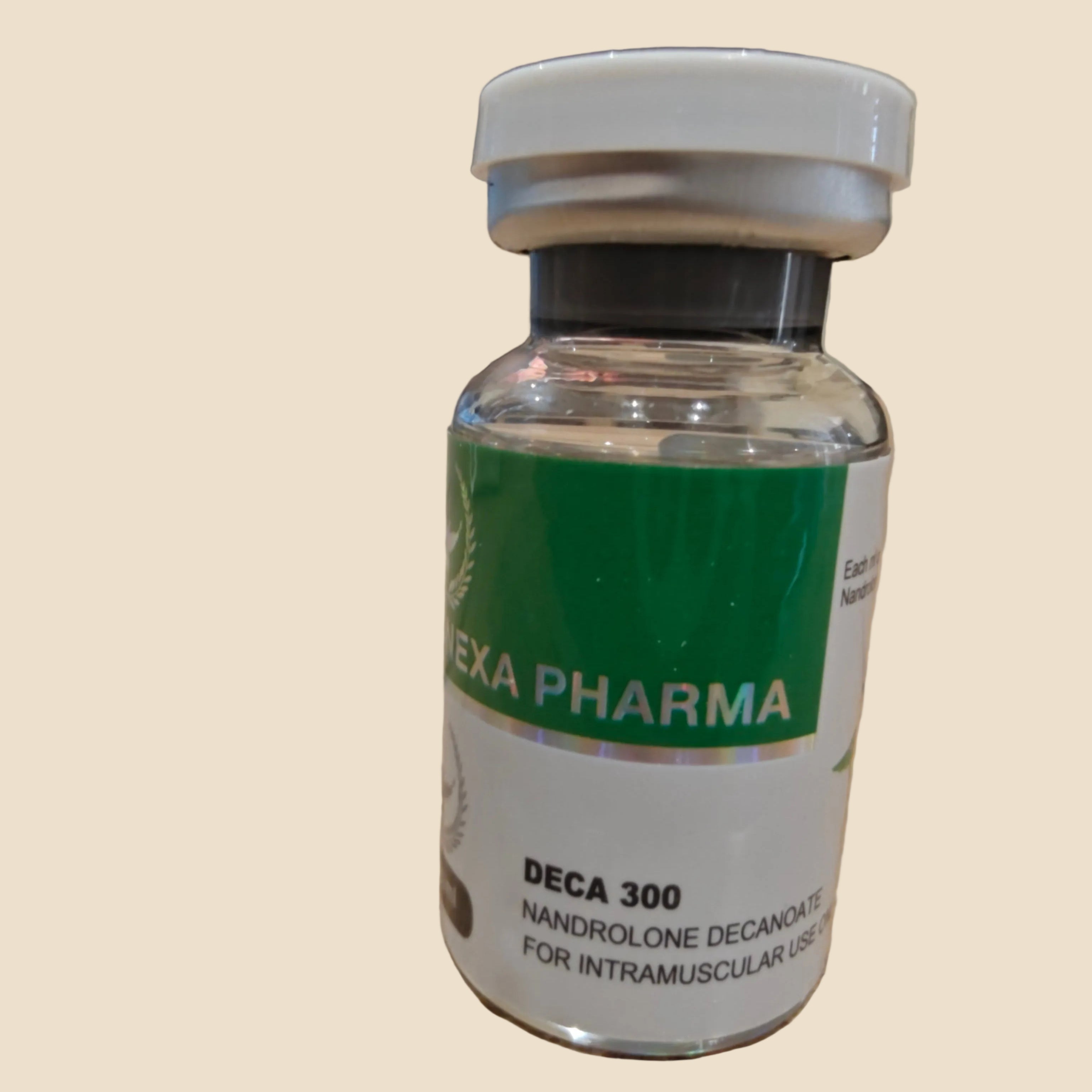 Vial labeled 'Exa Pharma Deca 300' on a wooden surface