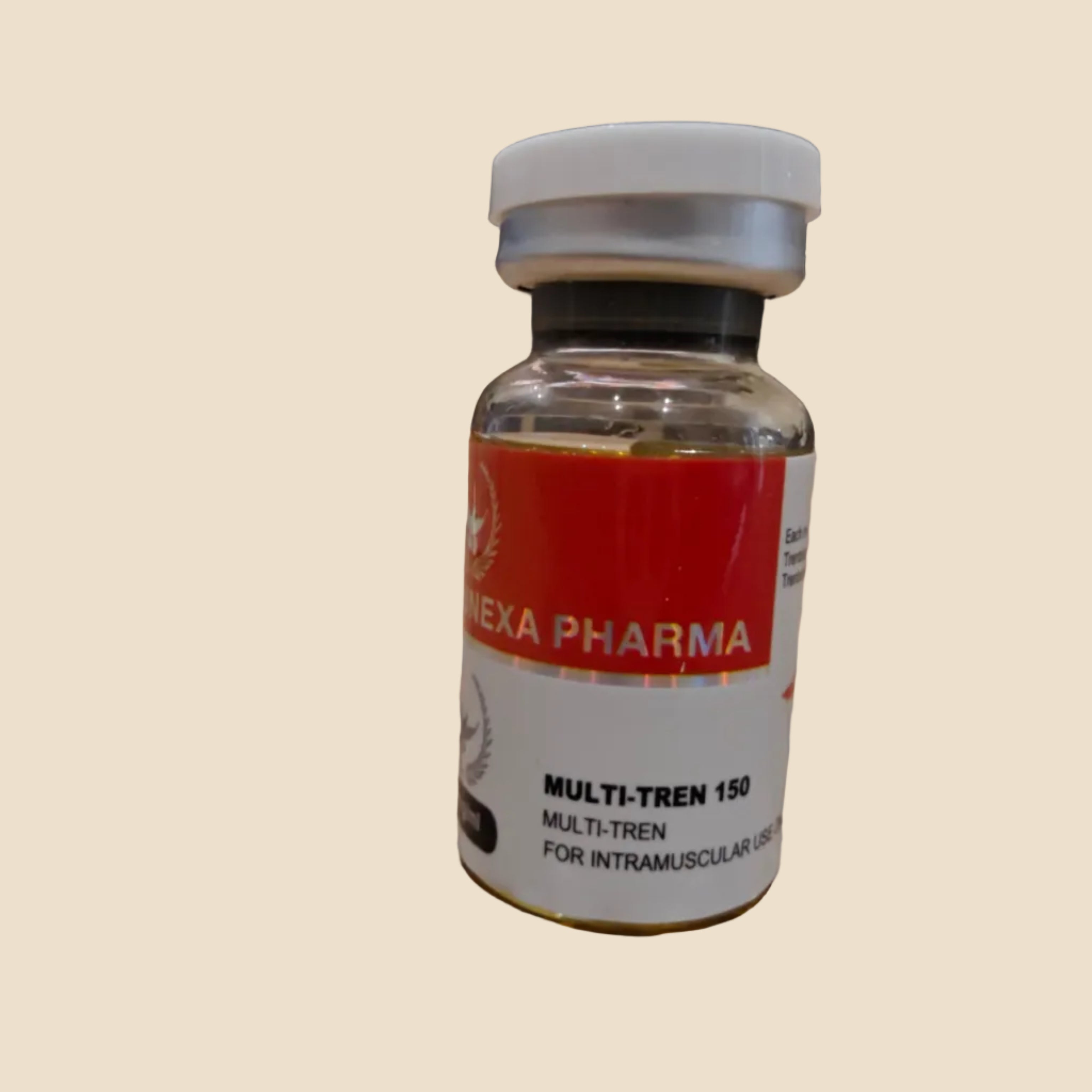 Vial labeled 'Hexa Pharma' on a wooden surface with a blurred background