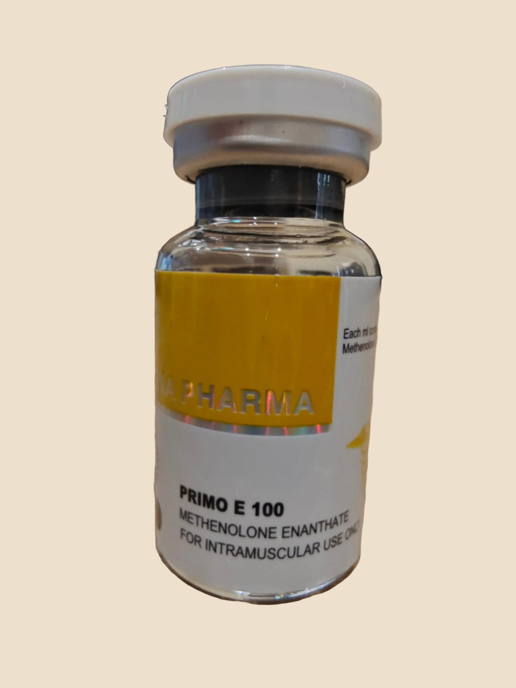 Medicinal vial labeled 'Pharma' on a wooden surface