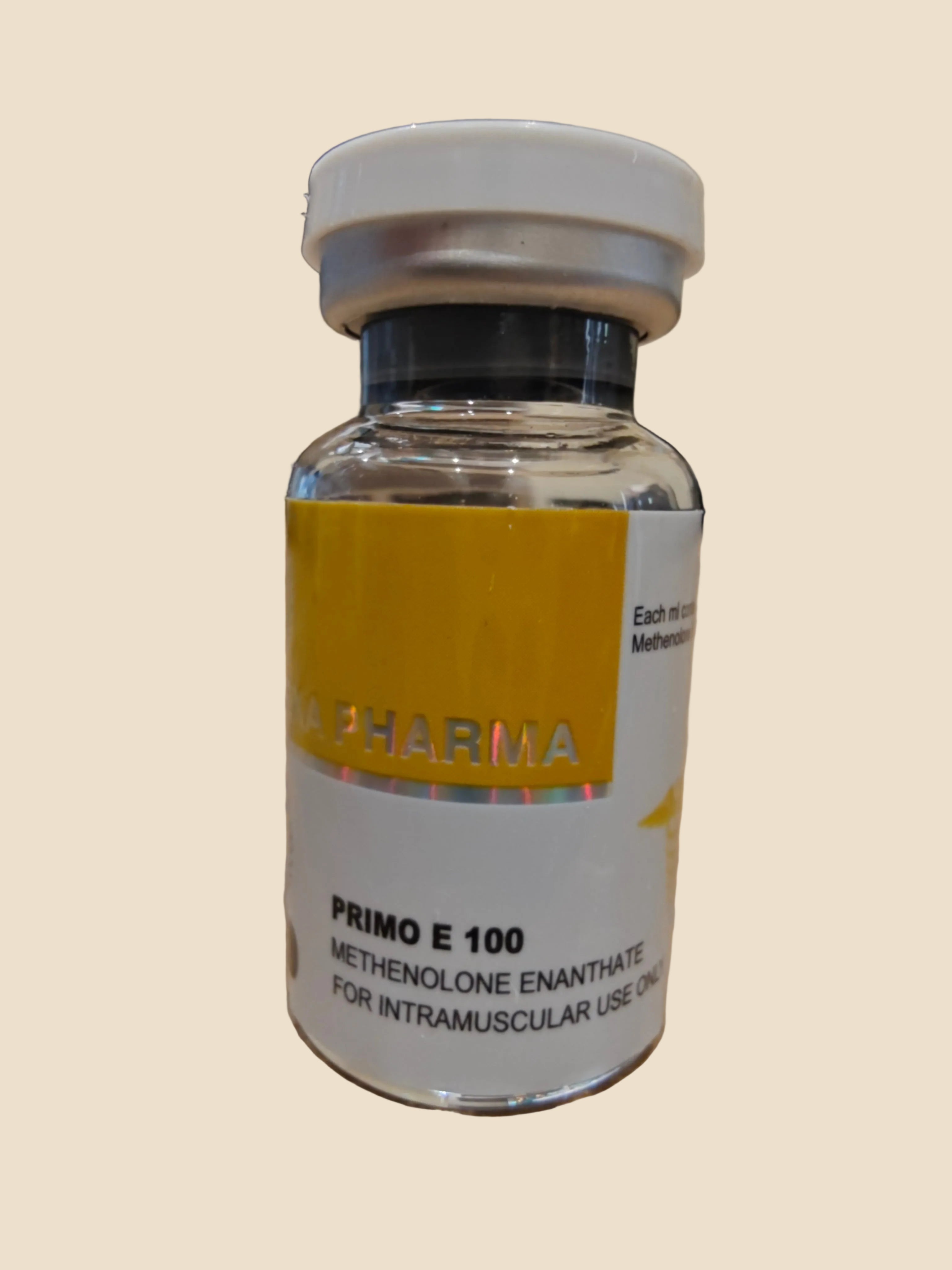 Medicinal vial labeled 'Pharma' on a wooden surface