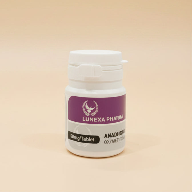 Bottle with purple label on a white surface with a blurred microscope in the background