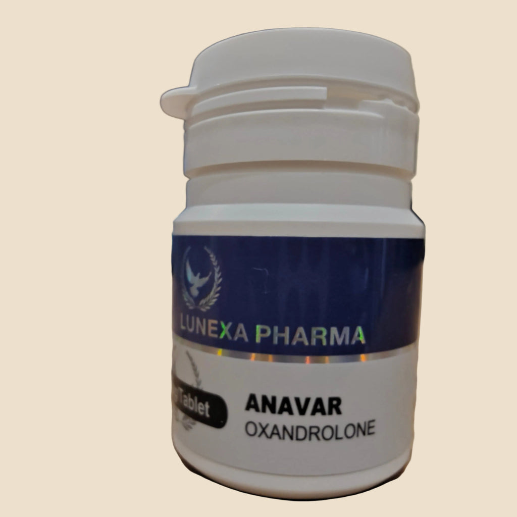 Lunexa Pharma Anavar Oxandrolone container on a wooden surface