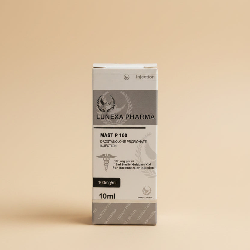 Luneta Pharma Mast P 100 injection packaging on a wooden surface