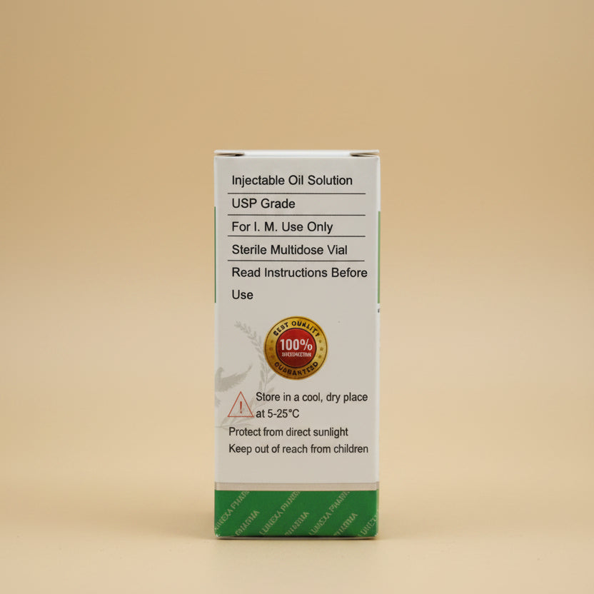 Box of Injectable Oil Solution on a wooden surface
