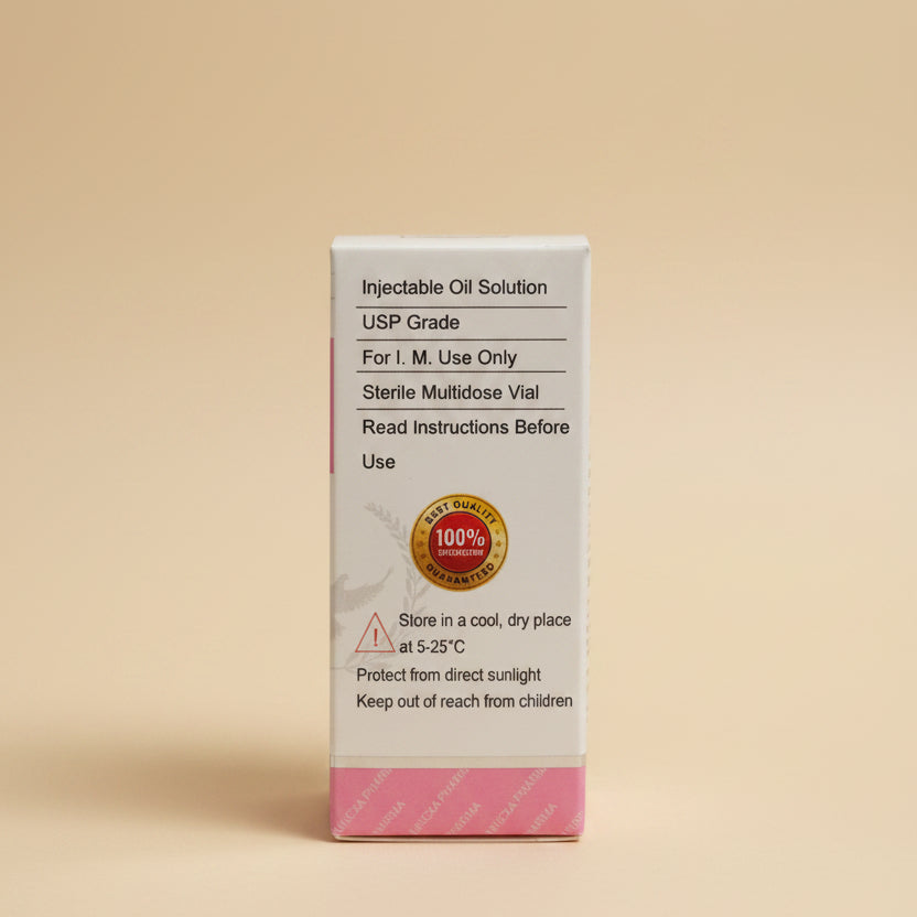 Box of Injectable Oil Solution on a wooden surface