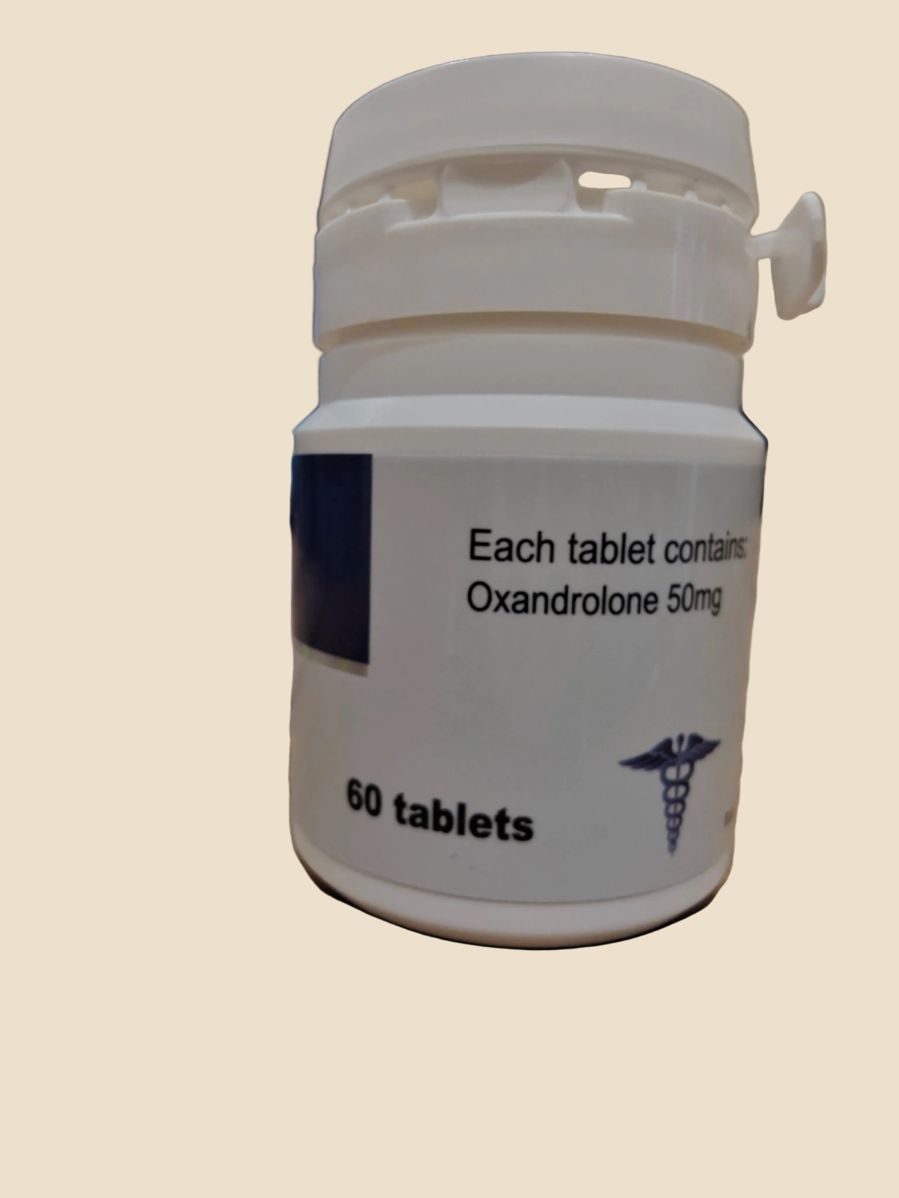 White container with medical label on a wooden surface