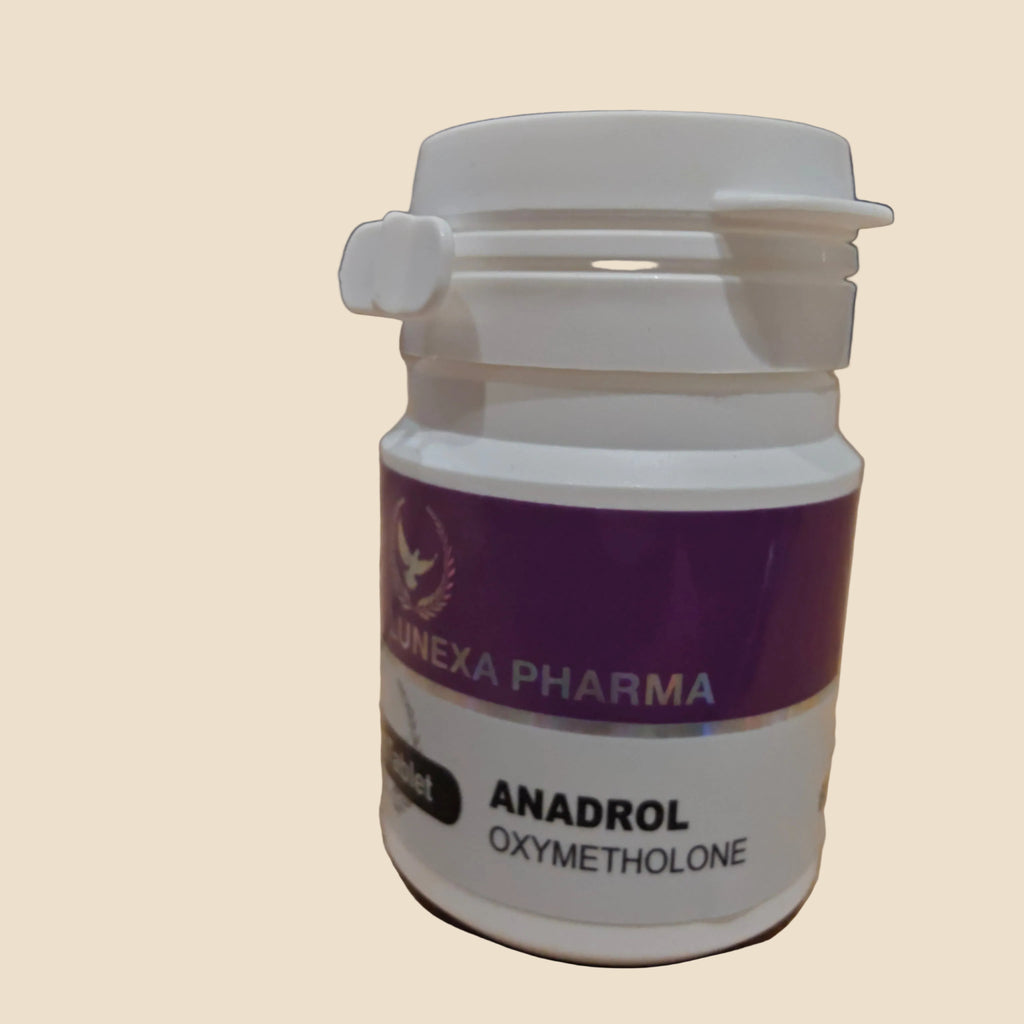 Container of Anadrol Oxymetholone by Denexa Pharma on a wooden surface.