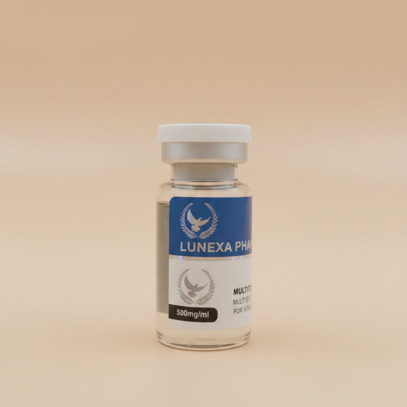 Vial labeled 'Lunexa Pharma' on a wooden surface