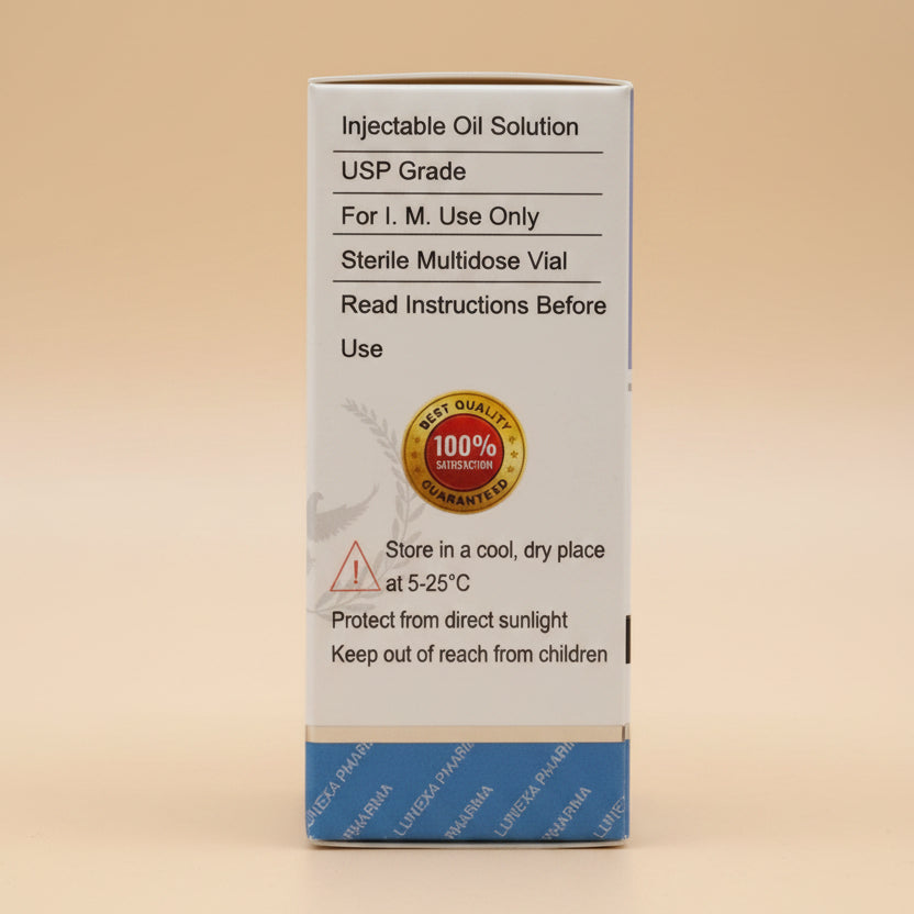 Box of Injectable Oil Solution USP Grade on a wooden surface