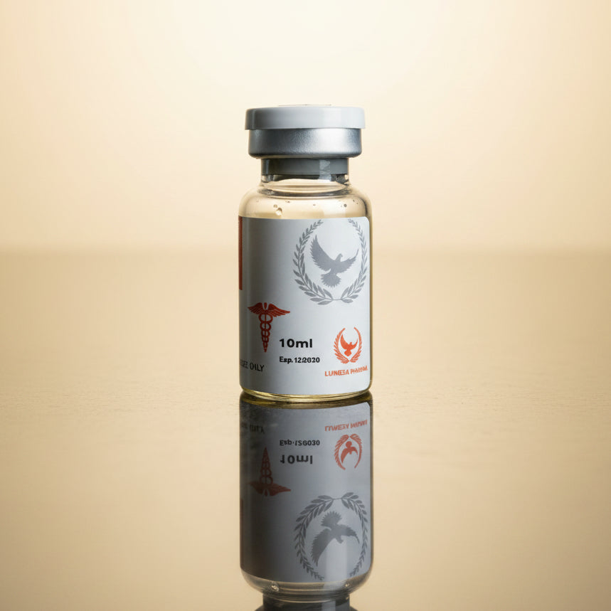 Vaccine vial with a label on a reflective surface with blue lighting