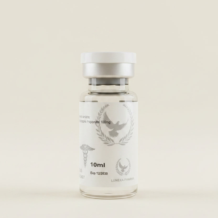 Clear glass vial with white cap on a wooden surface