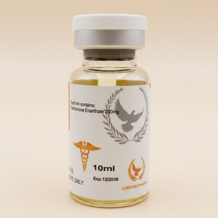 Vial with a label on a wooden surface