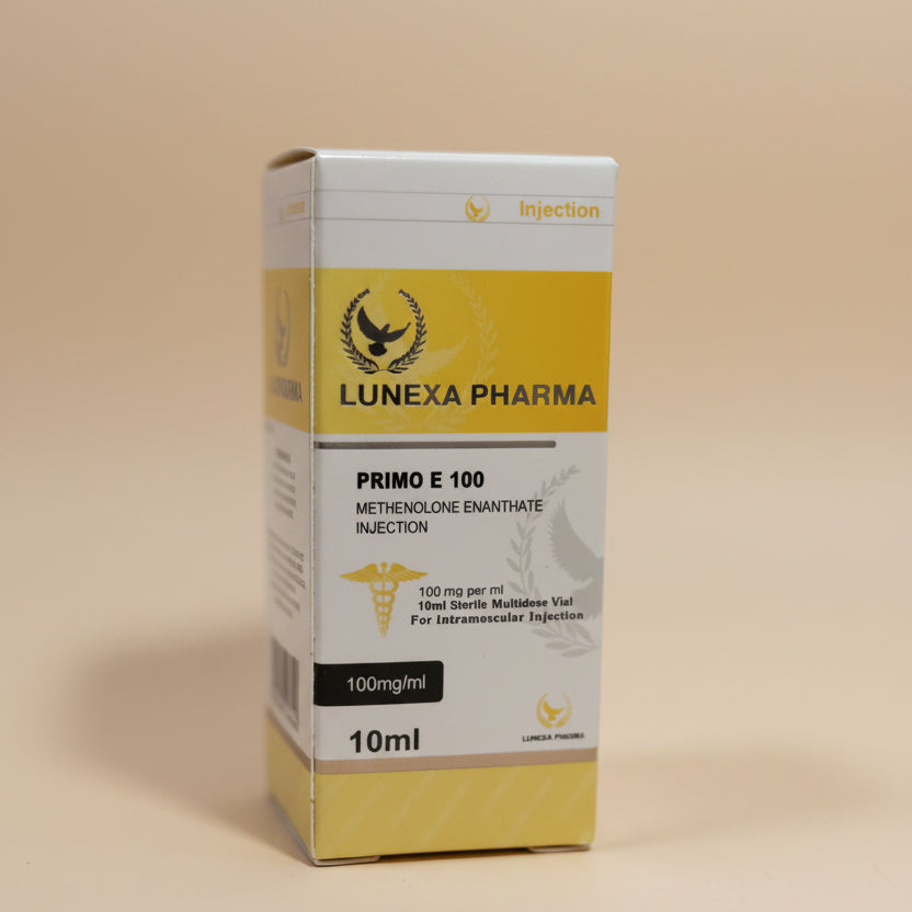 Lunexa Pharma Primo E 100 injection packaging on a wooden surface