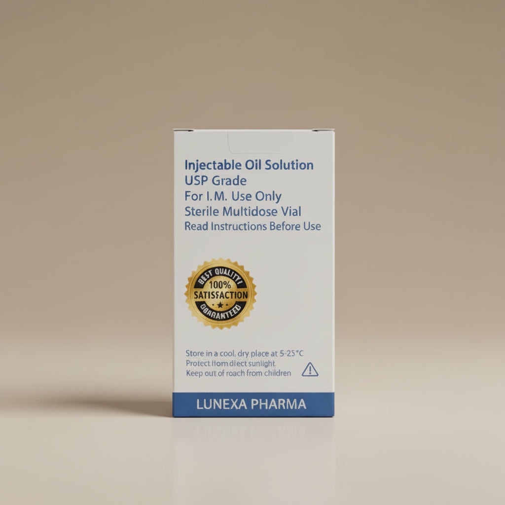 Lunexa Pharma injectable oil solution packaging on a dark background