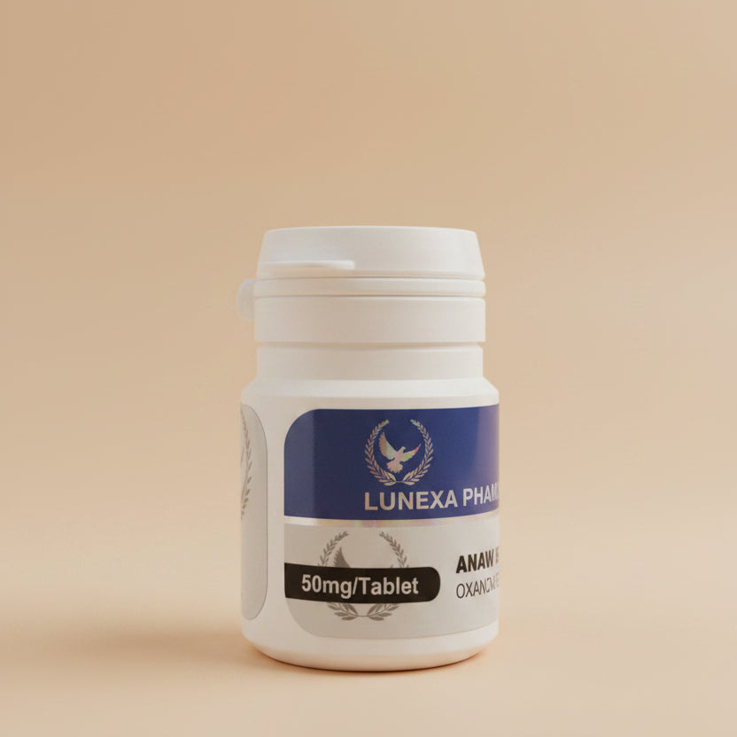 Bottle of Lunexa Pharmaceuticals with a blue label on a wooden surface