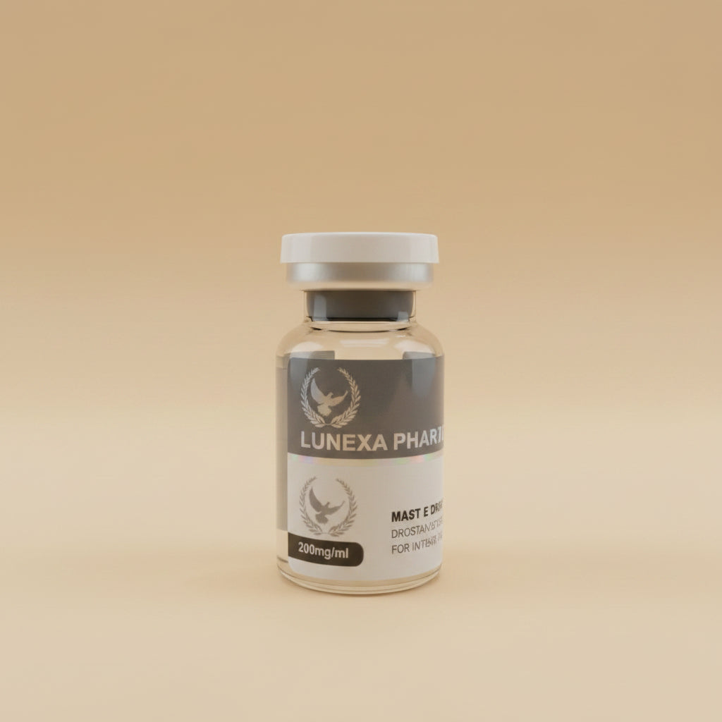 Vial labeled 'Lunexa Pharma' on a wooden surface